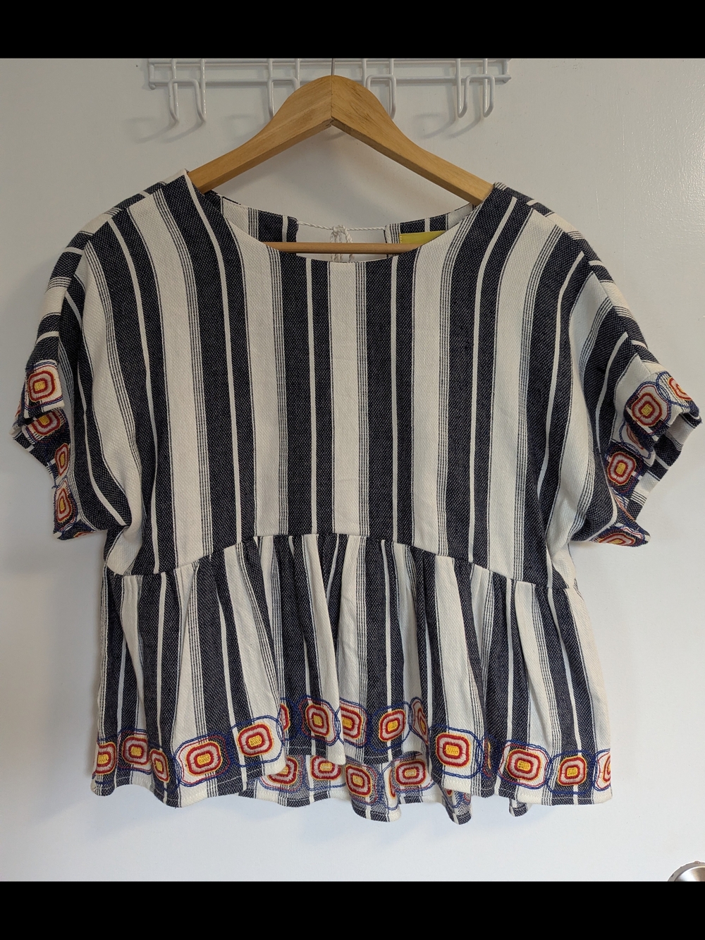 Maeve Navy and White Striped Short-Sleeve Peplum Top with Orange Trim - Picture 4 of 7